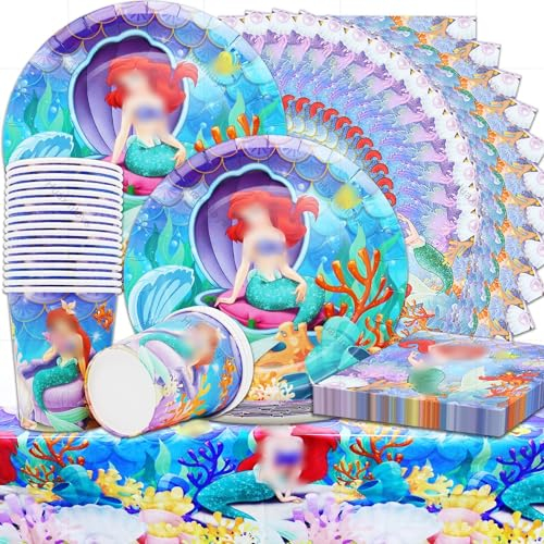 Huaxintoys Sirène Fêtes Vaisselle Set, Sirène Thème Ensemble de Fournitures de Fête Comprendre 20 Assiette à Dessert, 20 Tasses, 20 Serviettes et 1 Nappes pour Sirène Thème Vaisselle Anniversaire