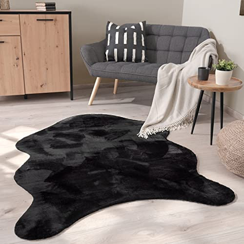 Paco Home Waschbarer Teppich Wohnzimmer Schlafzimmer Kurzflor rutschfest Modern Flauschiger Fellteppich Fell Imitat Kunstfell, Grösse:100x200 cm Fell-Form, Farbe:Schwarz