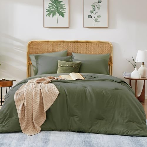 WRENSONGE Olive Green Twin XL Tröster-Set, 5-teilig, weich, dunkelgrün, Doppelbettdecke, Spannbetttuch, Bettlaken, 2 Kissenbezüge, 2 Kissenbezüge, warme Doppelbett-Bettwäsche-Sets für alle