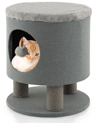 COSTWAY Niche Maison pour Chat d'Intérieur, Petit Condo avec Balle en Peluche, Arbre à Chat 47 CM, Meuble 3 en 1 avec Design de Tabouret, Griffoirs, Charge 60 KG, Gris