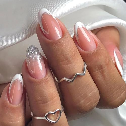 24pcs Short Almond False Nails - French White Tip Glitter Silver Press on Removable Glue on Full Cover Bridal Nail Art Accessories