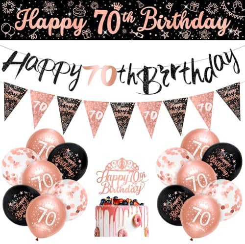 Womens 70th Birthday Decorations Black Rose Gold 70th Birthday Party Decorations Banner Bunting Kit for Women 16 Pack by Sheinly