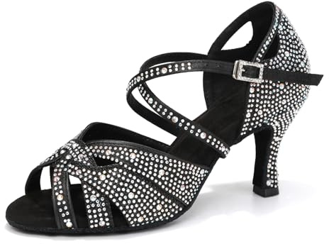 YCALCP Scarpe da Ballo Latino Americano Donna con Strass in Raso Punta Aperta Salsa Bachata Scarpe da Ballo da Sala,YCL388,Tacco 7.5 cm