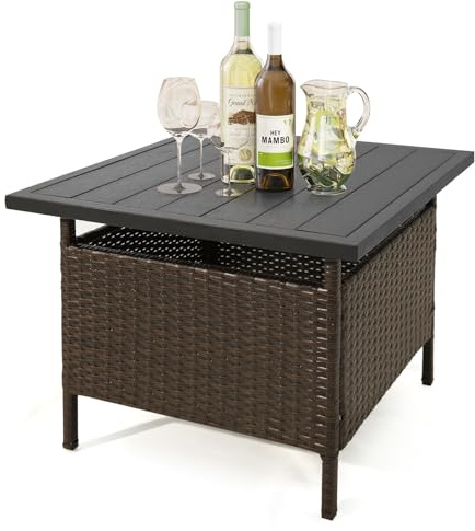 LDAILY LUARANE Rattan-Regenschirm-Beistelltisch für den Außenbereich, Korbständer mit Schirmloch, Stahl, geeignet für Garten, Balkon, Pool (HDPE-Tischplatte)