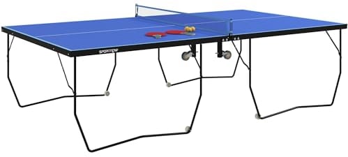 SPORTNOW Tischtennisplatte, Klappbar Tischtennistsich mit Netz, Rollen, 2 Tischtennisschlägern und 3 Bällen, Stahl, Blau, 274 x 152,5 x 76 cm