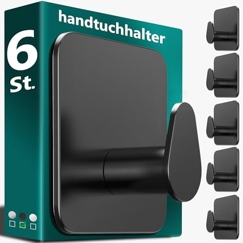 4smile Handtuchhalter ohne Bohren, schwarz - 6er-Set Badezimmer Handtuchhalter, ovale Klebehaken aus Edelstahl, wasserfeste Haken für Bad, WC, Küche - Hochwertige Haken selbstklebend, Handtuchhaken