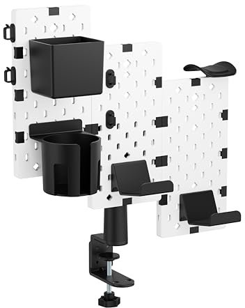 Pegboard Bureau Blanc 3 Panneaux Avec 9 Accessoires De Rangement, Pegboard Gaming, Panneaux Perforés Rangement Bureau, 1 Porte Casque, 2 Porte Manettes, 1 Porte Stylos - Crayons, 1 Porte Gourde -Tasse