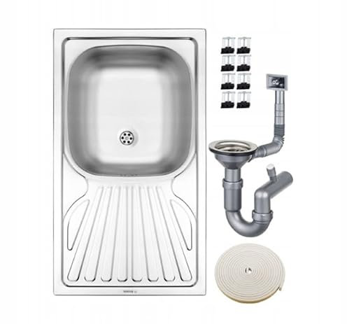 DomoDomo Fregadero empotrable de 1 cámara con escurridor y sifón, acabado satinado, 760 x 435 x 150 mm, incluye accesorios de montaje