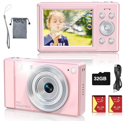 Upgrade Digital Camera, 56MP FHD 1080P for Kids with 16x Zoom Anti Shake, 32GB TF Card, Two Batteries, Lanyard, Compact Small for Boys Girls (Pink)