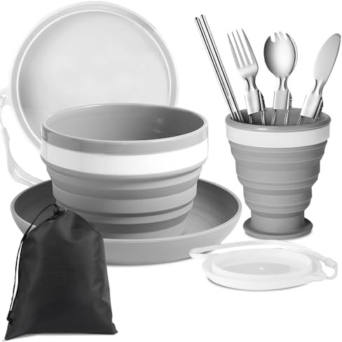9PCS Camping Cutlery Set for 1, SGZIOO Folding Camping Plates and Bowls Set Includes Stainless Knife, Fork, Spoon and Chopsticks, Campinggeschirr 1 Person for Travel Outdoor Camping Hiking and Picnic