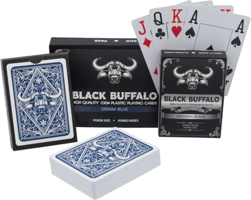 Black Buffalo Playing Cards – Wasserfeste Pokerkarten aus Plastik – 4 Eckzeichen mit Jumbo Index – Doppelpack Schwarz und Blau
