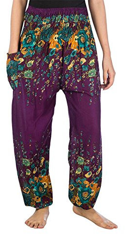 Lofbaz Damen Boho Haremshose Festival Outfit Sommerhose Leicht Yogahose Pumphose Hippie Hose Kleidung Sommer Hosen - Floral 2 Violett XXL