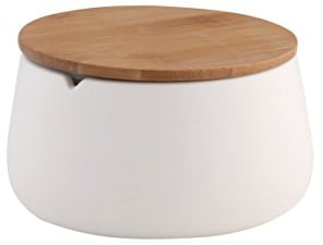 axentia Boîte à Coton avec Couvercle Bonja Wellness, Boîte de Rangement pour Cosmétiques Salle de Bains, Pot à Coton en Dolomite, Boîte à Bijoux, Blanc/Bois