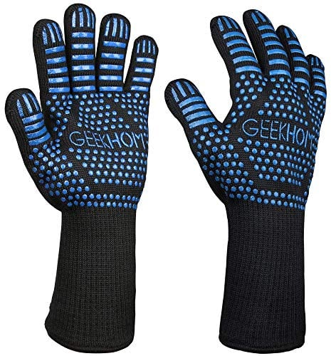 GEEKHOM BBQ Gloves, 800 ℃ / 1472 ℉ Heat Resistant Gloves EN407Certified 13 Inch Kitchen Gloves Professional Weber Fireplace Barbecue Accessories for Cooking Grilling, Baking, Blue