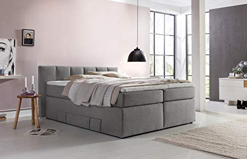Möbelfreude Doluna Beatrice Boxspringbett 180 x 200 cm Hellgrau H3 | 7-Zonen-Taschenfederkern Matratze + Visco-Topper | 90 cm Kopfteil ideal für Dachschrägen + Bettkasten für Stauraum