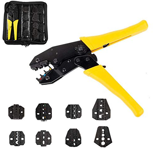 KUANDARMX Multifunktional Crimpzange, Kabelschuhzange mit 8 Wechselbaren Einsätzen und Ratschenfunktion für Ratschen Terminals Crimpzangen mit Tasche Sparen Sie Aufwand