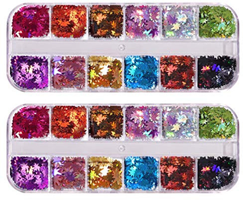Lurrose 2 Boxes Maple Leaves Nail Art Manicure Sequin Stickers Holographic Maple Leaf Confetti for Fall Autumn Nail Art Decoration