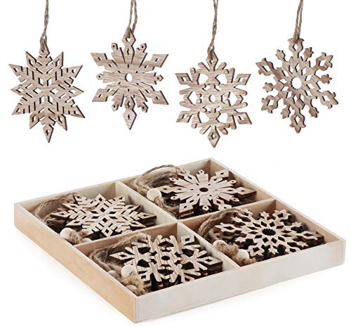 16Pcs Wooden Snowflakes Ornaments Rustic Christmas Hanging Decorations Ornament for Christmas Tree Gift Craft