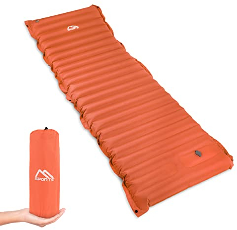 MSPORTS Esterilla de camping Premium, colchoneta para dormir ultraligera para exteriores, con bomba de prensa de pies, resistente a la humedad, para senderismo, mochilero, camping, playa (naranja)