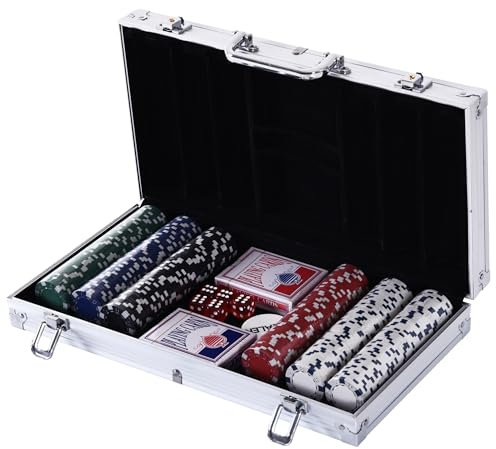 HOMCOM Valigetta Poker Professionale in Alluminio, Set Poker con 300 Fiches e 2 Mazzi per Texas hold'em e Blackjack