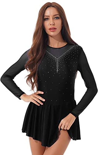 FEESHOW Damen Eiskunstlauf Kleid Langarm Rollschuhkleid Glitzer Mesh Tanztrikot Ballett Leotard mit Tanzrock Eislaufen Wettkämpfe Bekleidung Schwarz_B M