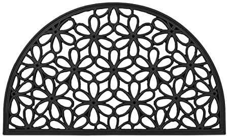 Relaxdays Fußmatte Gummi, 45 x 75 cm, Halbrunder Schmutzfangläufer, Fußabtreter innen & außen, mit Blumenmotiv, schwarz