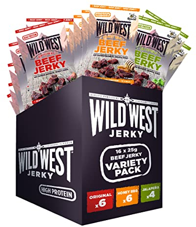 Wild West Beef Jerky, Mix Box 25g, 16er Pack mit 6x Original, 6x Honey BBQ, 4x Jalapeno, Rinderdörrfleisch, Beef Jerky high Protein Trockenfleisch, Protein Snack