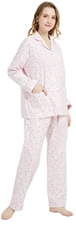 GLOBAL Femme Pyjama Flanelle Manches Long |Ensembles de Pyjama Coton |Chemises de Nuit Bouton | Chaleureux Vêtements de Nuit Confortable |Fleurs Mignonnes Roses L