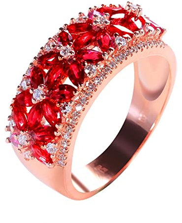 Epinki Echt Gold Eheringe 18K 750 Rose Gold Frauen, Rubin Partnerringe Rot 1.47ct Blumen Verlobungsring Au750 Rotgold mit Diamant, Gr.49 (15.6)