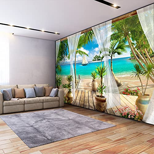 CILODO Photo Wallpaper Palm Trees & Sea Non-Woven Art Print Fleece Wall Mural Decoration Poster Picture Design Modern 3D Optical Illusion 350cm×250cm