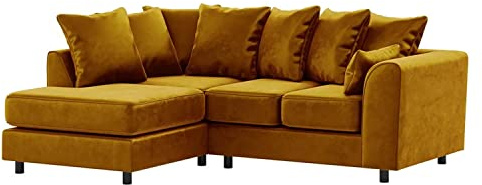 Furnishings For Less UK Gold Corner Sofa | Brooklyn Mustard Plush Velvet 4 Seater L Shaped Corner Sofa Full Foam seating LH (Gold, Left Hand Facing)