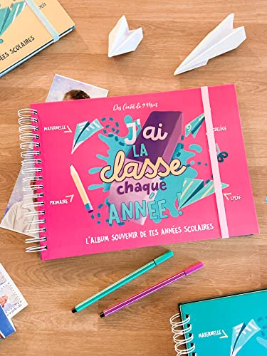 Album photo de classe et souvenirs d'école - Maternelle, primaire, collège et lycée - 76 pages au design ludique avec BONUS brèves éducatives (Rose)