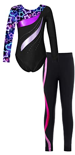 iEFiEL Mädchen Turnanzug Glitzer Gymnastik Leotard Langarm Akrobatik Anzug Tanzkostüme Turnbody Jumpsuit mit Sport Leggings Zb Star Schwarz und Hot Rosa 146-152