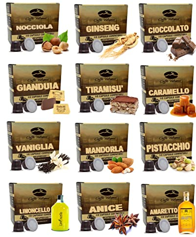 Caffè Vulcanus - Kit de dégustation 120 capsules de café aromatisé - Dégustation de 12 arômes de café - Compatible avec les machines Nespresso maison*
