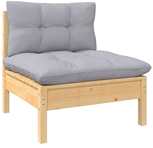 FIRBNUS Garten-Mittelsofa mit Grauen Kissen Massivholz Kiefer Centre Sofa Middle Sofa Gartenmöbel für Draußen Gartenmöbel Holz Terassenmöbel Außen Balkonsofa Balcony Furniture Loungesofa Outdoor