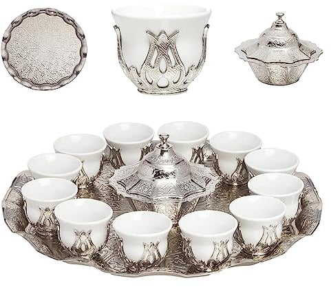 12 PC Turkish Tea Set -Espresso Coffee Set, 12 Porcelain Tea Cups, 12 Saucers, Sugar Bowl, Tray -Artisan Turkish Coffee Glasses, Wedding Gift, Celebrations (12 Silver Porcelain)