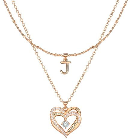 Lydreewam Rose Gold Layered Heart Necklaces for Women, Dainty Layering Heart Initial Letter J Necklaces with Cubic Zirconia, Adjustable Chain Necklaces Jewelry Gift