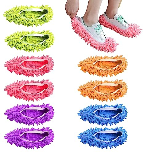 5 Paires Chaussons Mop,Microfibre Poussière Mop Chaussures,Lavable et Réutilisable Chaussons de Nettoyage pour La Maison,5 Couleurs