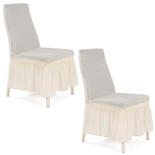 My Palace Stuhlhussen Bianca - mit Rüschen 2er Set elastische Stretch Hussen für Esszimmerstühle Hochzeit abnehmbare und waschbare Stuhlbezüge Chair Cover, Stuhl-Sitzbezug, Stuhlüberzüge Creme