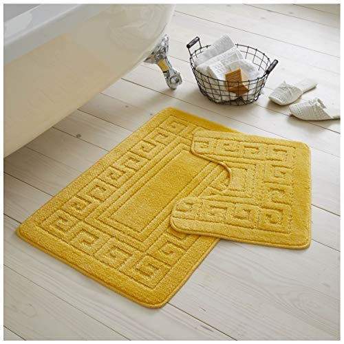 GC GAVENO CAVAILIA Greek Key Pattern Bath Mats 2 Piece Sets Non Slip, Soft Washable Rug Quick Dry Water Absorbent Bathroom Shower Mat & Pedestal Set, Ochre