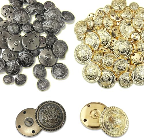 Plstod 50 Stück Metall Knöpfe Vintage Goldene Knöpfe Antike Silber Blazer Knöpfe Runde Nähknöpfe 5 Stile 15mm 18mm 21mm 25mm 28mm,für Blazer Anzüge,Uniform und Jacke