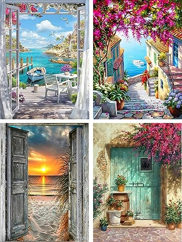 Jomzuci 4 Pièces Peinture par Numero Adulte, Peinture Numero Adulte Paysage, Pinceaux et Peintures Acryliques pour Enfants et Débutants, Sans Cadre (30 x 40 cm)