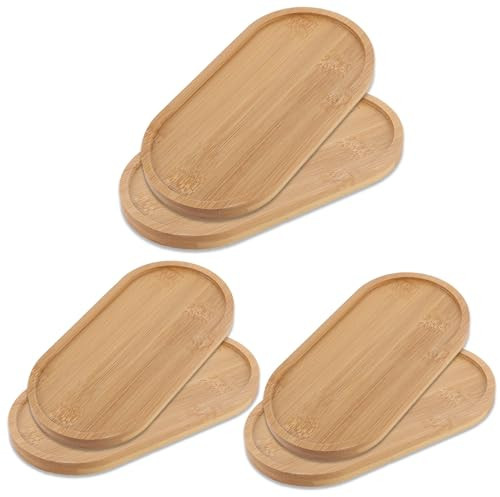 WOPPLXY 6 Pièces Petit Plateau Bois Ovale, 17,4 x 8,8 x 1 cm Petit Plateau Cafe, Plateaux de Service Bois en Bambou pour Café, Biscuit, Pain, Bijoux, Collations