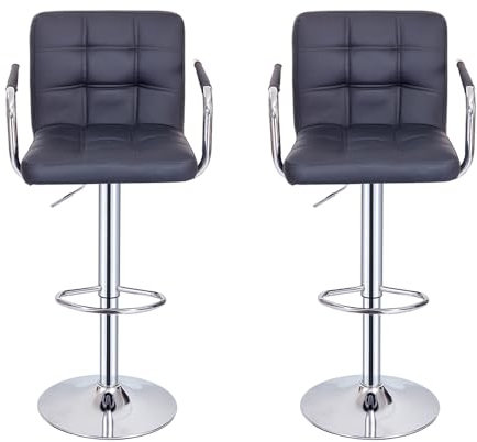 Lot de 2 Tabourets de Bar, Chaises Haut, Hauteur Réglable, Revêtement en PU, Rotatif sur 360°, avec Accoudoirs, Dossier et Repose-Pieds, Pied Chromé (Noir)