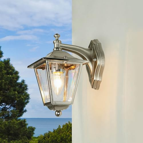 Licht-Erlebnisse Wandlampe Aussen, Messing, in Nickel, Acrylglas, Rustikal, Garten, Hof, Hauswand, wetterfest, IP43, E27, H:23 cm, Außenlaterne, Wandleuchte Außen