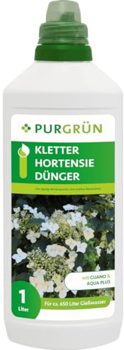 Purgrün® Kletterhortensie-Dünger 1 Liter – Organisch-mineralische Rezeptur – Premium-Flüssigdünger mit Spurennährstoffen – NPK 8+8+6 – Mit Guano & Aqua Plus – Für leuchtende Blüten
