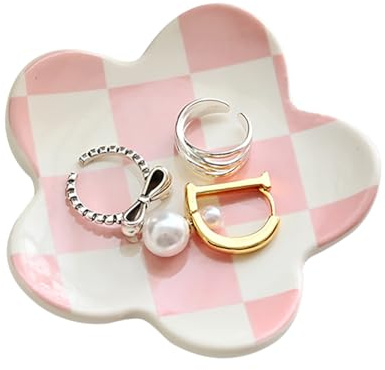 OVENKEI Pink Checkered Jewelry Tray, Aesthetic Room Decor for Teen Girls, Perfect for Rings, Earrings, Necklaces