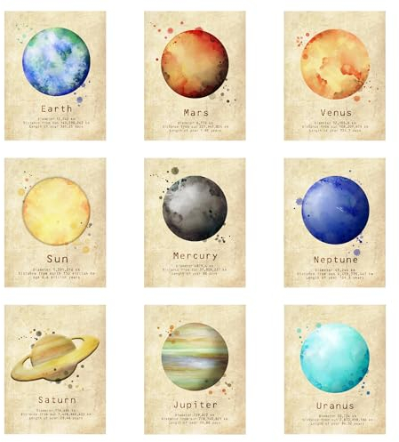 H+CO Inspired Set mit 9 Planeten – tolle Heimdekoration für Wohnzimmer, Klassenzimmer, Schlafzimmer – hochwertige Weltraum-Poster für Kinder – Aquarell, ungerahmt 27,9 x 35,6 cm