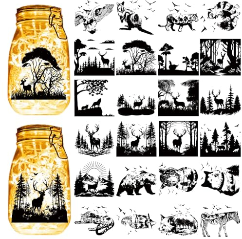 CREATCABIN 24 Stück Waldtiere Silhouetten Einmachglas Dekor Rentier Lasergeschnittener Karton Scrapbook Ausschnitte Stanzteile PVC Zum Basteln von Laternengläsern Fenster Glas 10x9cm-Kein Aufkleber