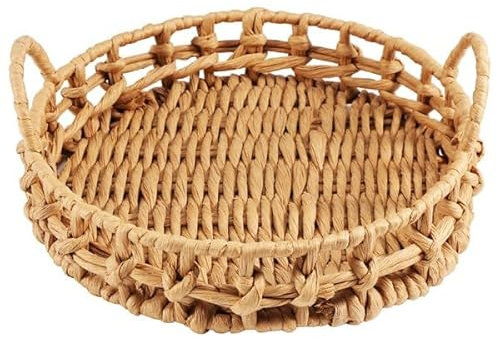 Povxlum Woven Basket Tray 29x29x6.5cm, Round Serving Tray with Handle, Natural Table Desktop Organiser Tray, Woven Serving Tray for Bread, Fruit, Drinks, Snack, Tea